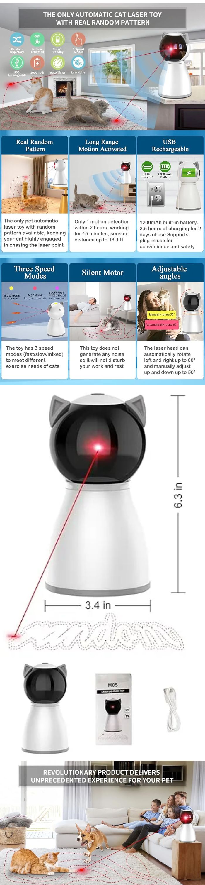 Discover the YVE LIFE Laser Cat Toys for Indoor Cats, featuring the 4th Generation Real Random Trajectory Motion Activated technology. This rechargeable, automatic cat laser toy is perfect for keeping your bored indoor adult cats, kittens, or even dogs entertained. With its interactive design, it's the ideal solution for stimulating your pet's natural hunting instincts and providing hours of fun. Say goodbye to boredom and hello to endless entertainment with our innovative cat laser toy.