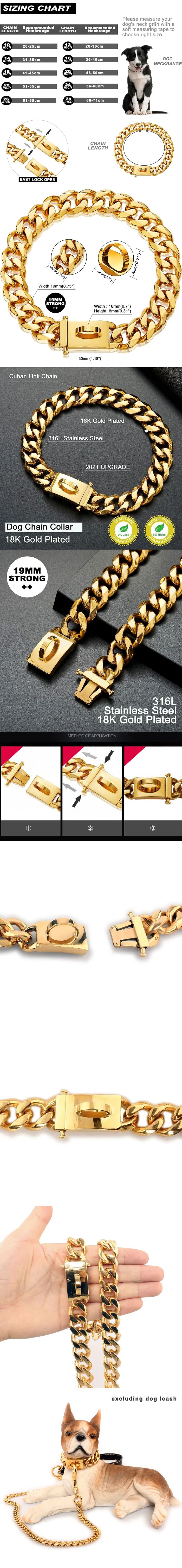 Elevate your pet's style with our 19mm Gold Chain Dog Collar, featuring a luxurious sliver gold Cuban link design. Designed for medium and large Pit Bulls, this collar combines elegance with durability. The secure snap buckle ensures your dog's safety, while the high-quality materials promise long-lasting wear. Perfect for pet owners seeking a stylish, yet functional accessory for their beloved companion. Make a statement with this exquisite gold chain dog collar, ideal for any occasion.