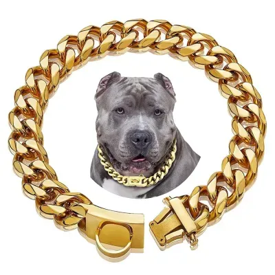 19mm Gold Chain Dog Collar Luxurious Sliver Gold Cuban Link Dog