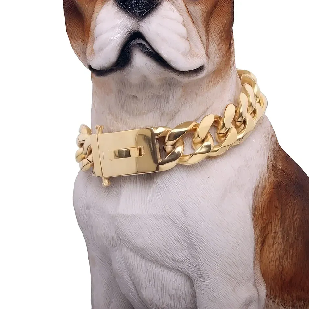 19mm Gold Chain Dog Collar Luxurious Sliver Gold Cuban Link Dog
