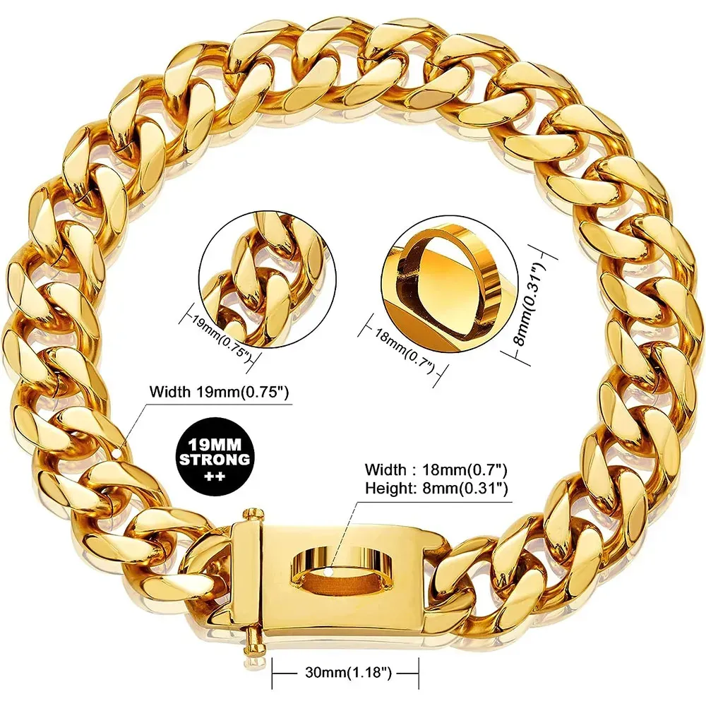 19mm Gold Chain Dog Collar Luxurious Sliver Gold Cuban Link Dog