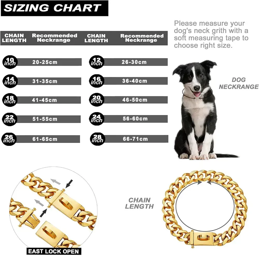 19mm Gold Chain Dog Collar Luxurious Sliver Gold Cuban Link Dog