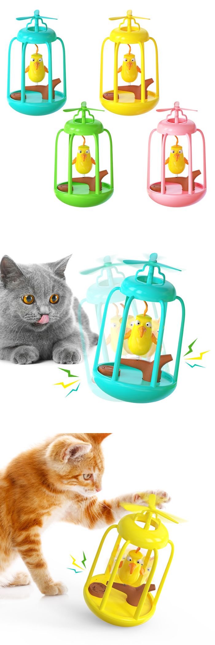 Enhance your cat's playtime with our interactive bird cage toy. This non-tipping wobbler keeps cats entertained as they bat and play with the hanging bird. Perfect for engaging your feline friend and providing hours of entertainment
