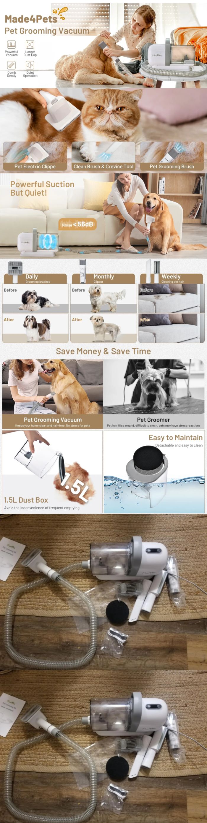 Discover the ultimate Made4Pets Dog Grooming Kit, featuring a Pet Grooming Vacuum, Dog Clippers, and a Dog Brush for Shedding, all designed for efficient pet hair removal and home cleanliness. This comprehensive set includes 10 essential pet hair removal tools, ensuring your dog looks and feels their best. Perfect for pet owners seeking a complete grooming solution, this kit offers everything needed for professional-level dog care at home. Enjoy the convenience of 3-7 days delivery and transform your pet grooming routine with Made4Pets.