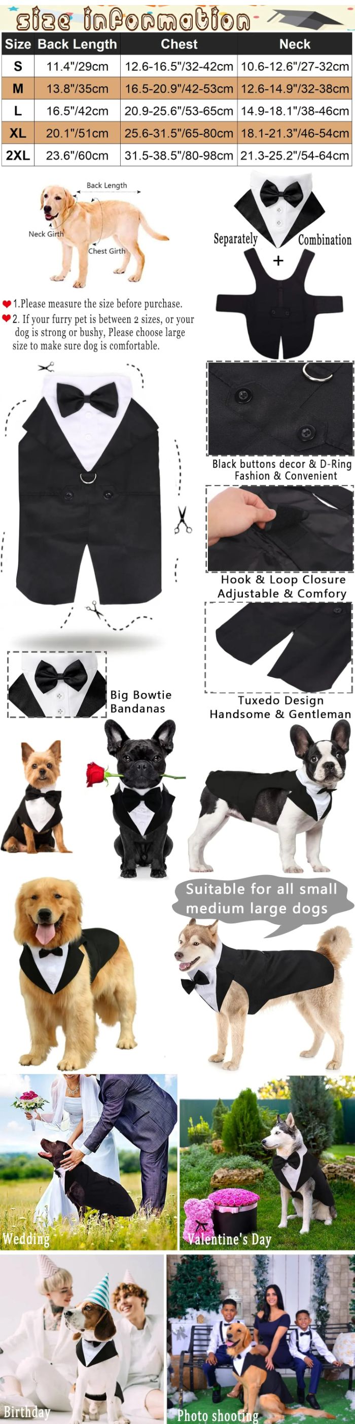 Elevate your dog's style with our Dog Tuxedo Suit and Bandana Set, a 2-pack of formal wedding attire designed for medium and large dogs. Perfect for weddings, parties, or any special occasion, this Golden Retriever Costume ensures your furry friend is dressed to impress. Make every event memorable with this elegant and comfortable outfit.