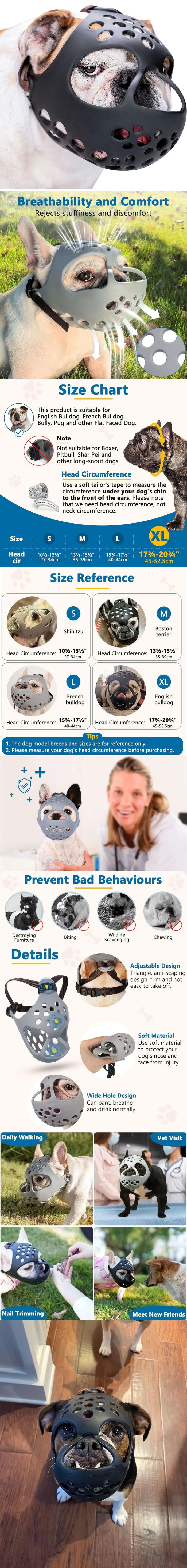 The Dhpet Bulldog Muzzle is a soft rubber, short-mouthed dog muzzle designed specifically for British and French Bulldogs. This anti-eating and anti-biting muzzle is perfect for pet owners looking for a comfortable, durable solution to prevent their bulldogs from eating harmful objects or biting. Made from high-quality materials, it ensures your pet's safety and comfort while allowing them to breathe and pant easily. Ideal for walks, training, or any situation where you need to control your bulldog's eating or biting habits. A must-have in your pet supplies for a happy, healthy bulldog.
