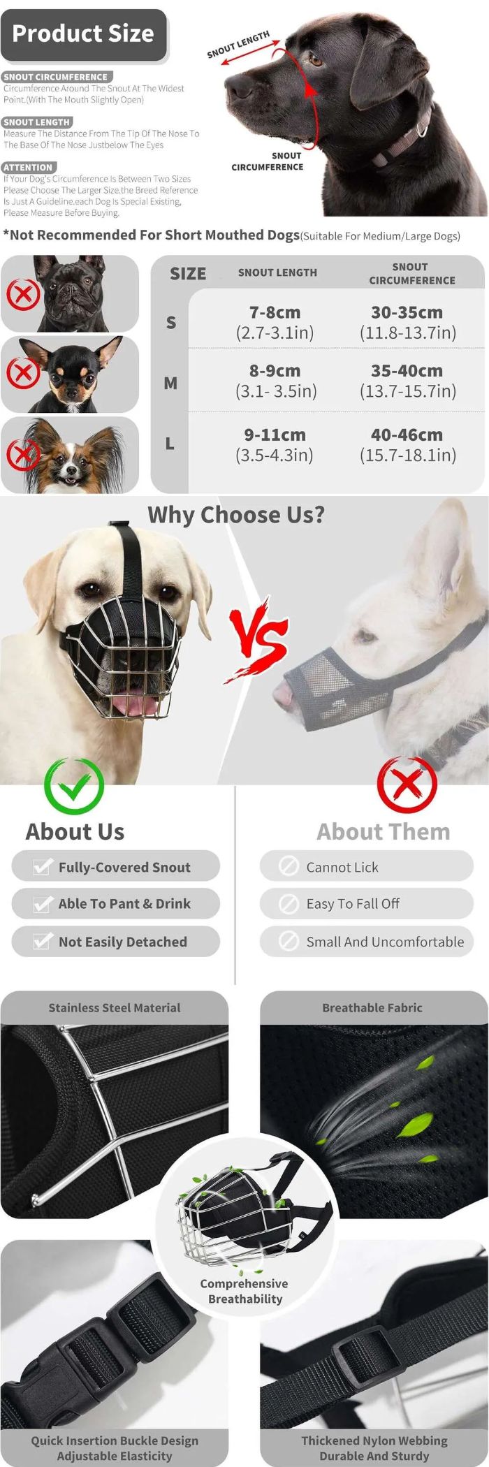 The Dhpet Medium And Large Dog Muzzle is designed to prevent your dog from random eating and biting, ensuring their safety and the safety of others. Made with breathable and drinkable materials, your dog can stay comfortable and hydrated. Its stainless steel construction makes it durable and suitable for Golden Retrievers and fierce dogs alike. Keep your dog safe and secure with this essential dog safety muzzle.
