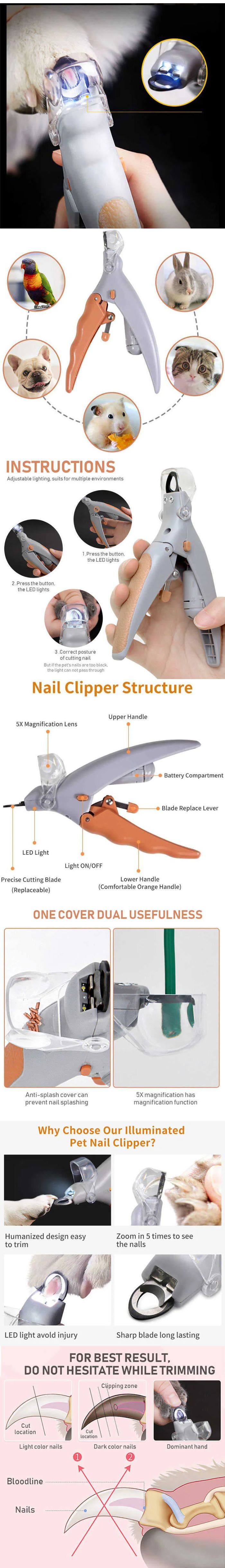 Discover the New Professional Pet Nail Clipper Scissors with LED Light, designed for both cats and dogs. This innovative pet grooming tool features a built-in LED light to ensure precise and safe nail trimming, even in low-light conditions. Perfect for pet owners who prioritize their furry friends' comfort and safety, these professional-grade nail scissors offer a clean and efficient way to maintain your pet's nails. Whether you're a seasoned groomer or a caring pet parent, our pet nail clipper is an essential addition to your pet care products. Keep your pet's nails healthy and well-groomed with ease and confidence.