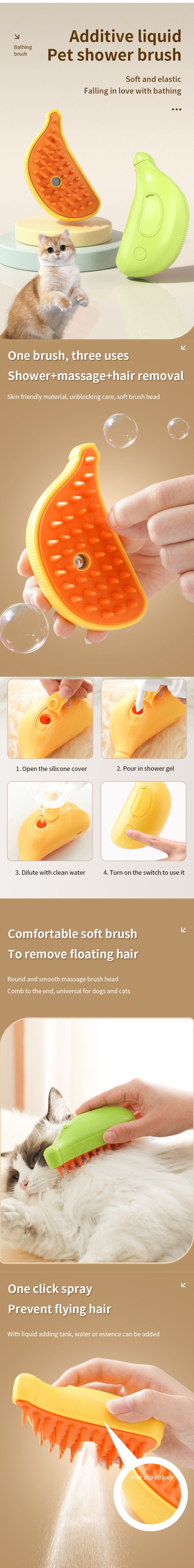 Revolutionize your pet grooming routine with our versatile All-in-One Pet Bath Brush. Featuring a convenient spray function, this brush effortlessly cleans and massages your furry friend while removing excess hair and preventing flyaways. Ideal for both dogs and cats, this rechargeable grooming tool offers hassle-free grooming and pampering for your pet