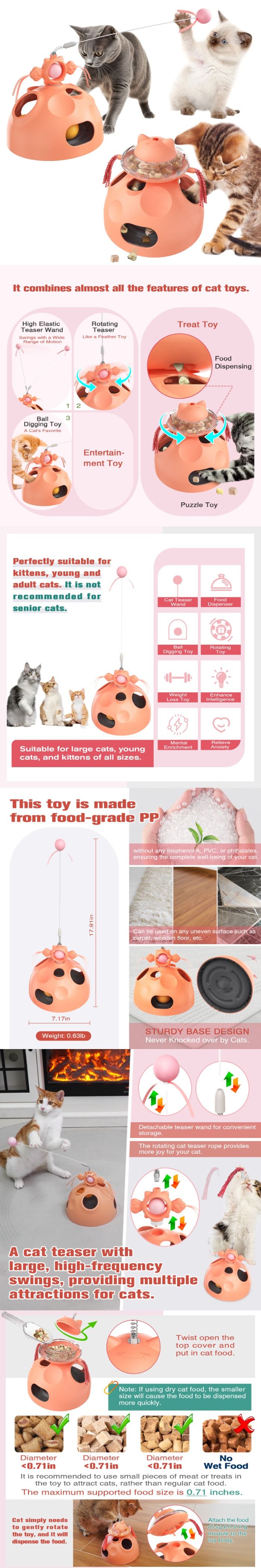 Engage your cat with our Rotating Food Dispensing Cat Wand. This interactive toy dispenses treats as it spins, providing hours of entertainment and mental stimulation. Perfect for cats of all ages, it encourages play and helps reduce boredom.
