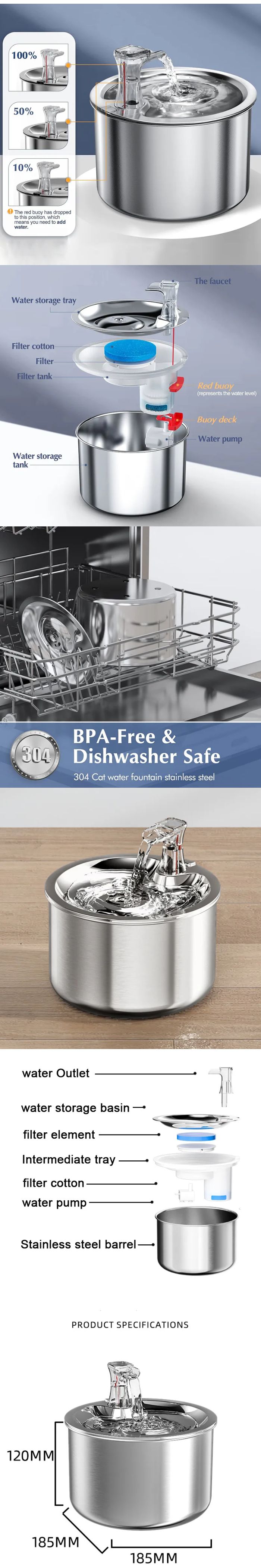 Discover the Stainless Steel Cat Fountain with Buoy Faucet, featuring an Ultra Quiet Pump for a serene environment. This Pet Water Fountain boasts a Visible Water Level for easy monitoring and an Automatic Dog Cat Fountain design to ensure your pets stay hydrated. Perfect for cats and dogs, this durable and stylish fountain promotes pet health with fresh, flowing water. Ideal for pet owners seeking a reliable and quiet hydration solution for their furry friends.