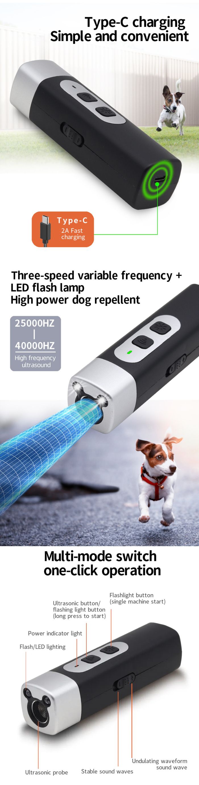 Discover the Ultrasonic Dog Repellent, the ultimate dog training tool designed for pet owners. This handheld and portable device features a built-in LED light, making it perfect for outdoor use. Safely correct your dog's behavior without harm, ensuring a peaceful environment for both pets and owners. Ideal for training and deterring unwanted behaviors, the Ultrasonic Dog Repellent is a must-have for effective and humane dog training.